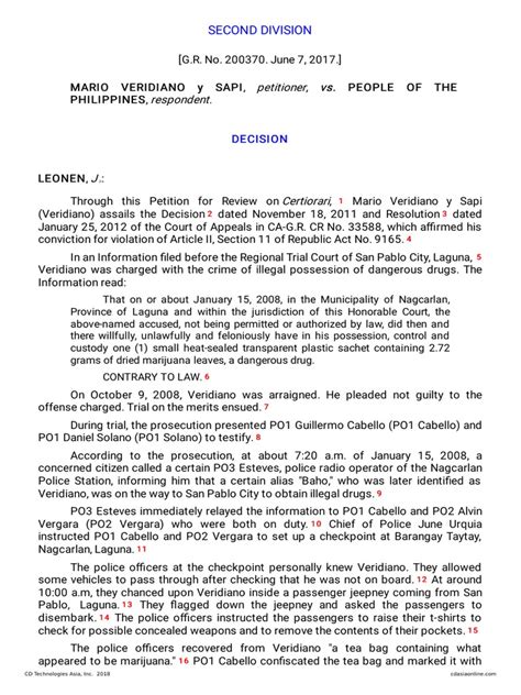 2017 (G.R. No. 200370, Veridiano y Sapi V People) PDF .